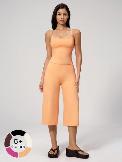 New Yoga Cami Top & High Waist Quick-Dry Casual Mid-Length Pants, Running Outdoor Set for Women, Comfortable and Stylish Activewear