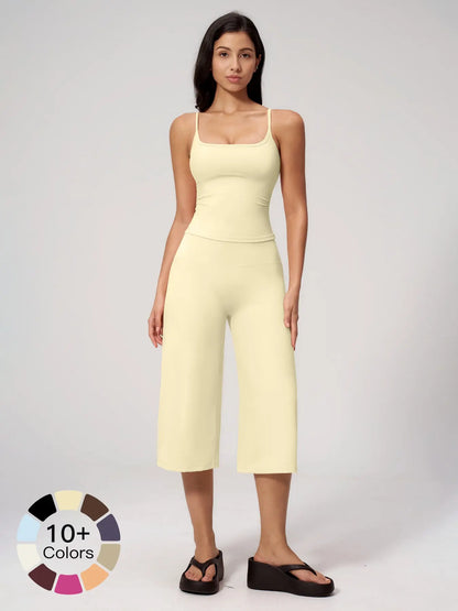 New Yoga Cami Top & High Waist Quick-Dry Casual Mid-Length Pants, Running Outdoor Set for Women, Comfortable and Stylish Activewear