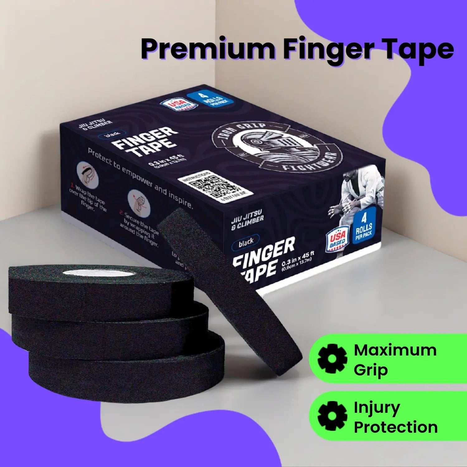 Iron Grip Fightwear Premium Finger Tape Black (0.3 in X 45 Ft) – Jiu-Jitsu & Grappling Athletic Tape Sports Tape