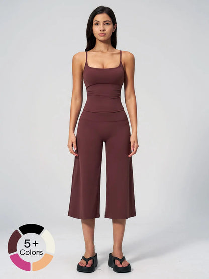New Yoga Cami Top & High Waist Quick-Dry Casual Mid-Length Pants, Running Outdoor Set for Women, Comfortable and Stylish Activewear