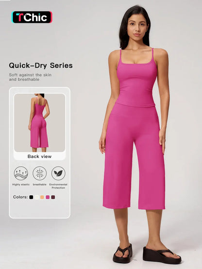 New Yoga Cami Top & High Waist Quick-Dry Casual Mid-Length Pants, Running Outdoor Set for Women, Comfortable and Stylish Activewear